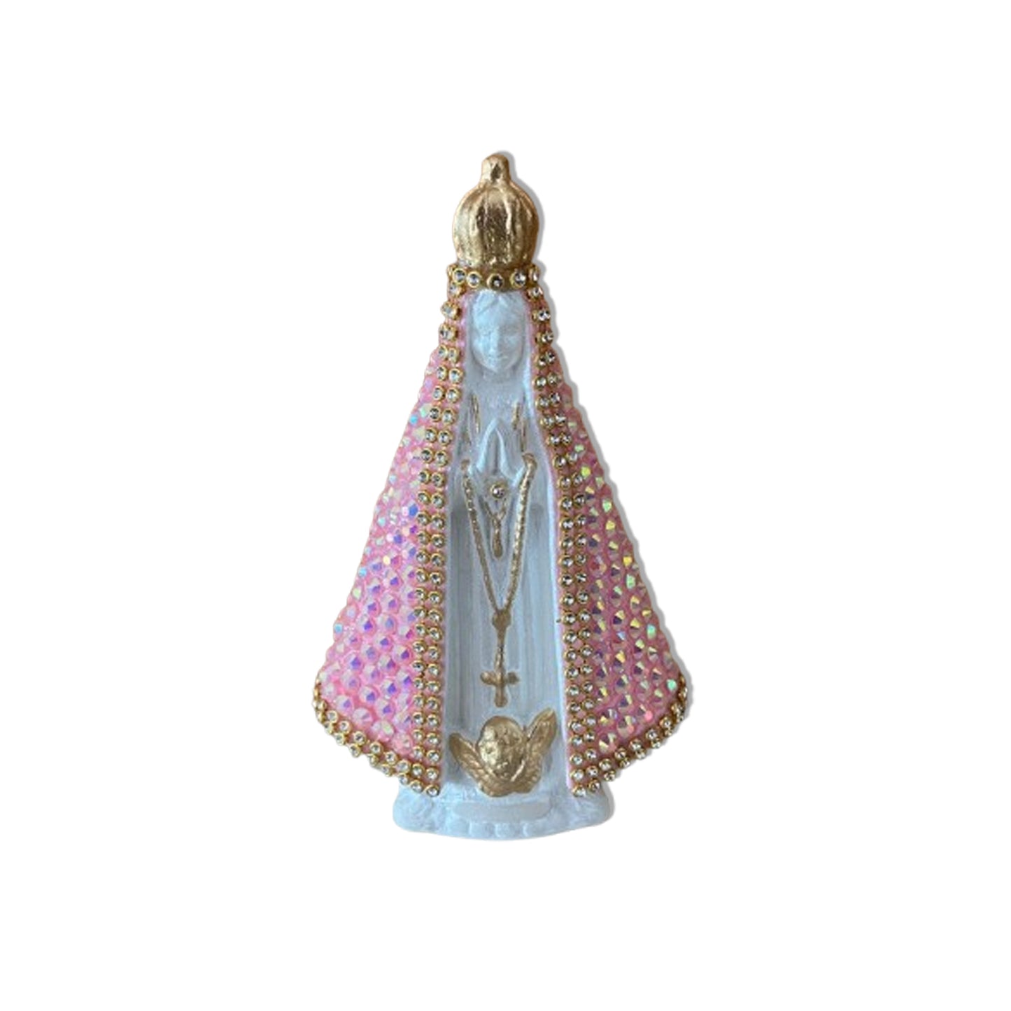 IMAGEM DE GESSO NOSSA SENHORA APARECIDA BRANCA COM STRASS ROSA 14CM (1 UNIDADE)