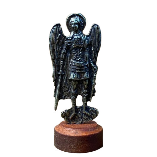 IMAGEM DE MESA METAL OURO VELHO SÃO MIGUEL ARCANJO COM BASE DE MADEIRA 09CM (1 UNIDADE)