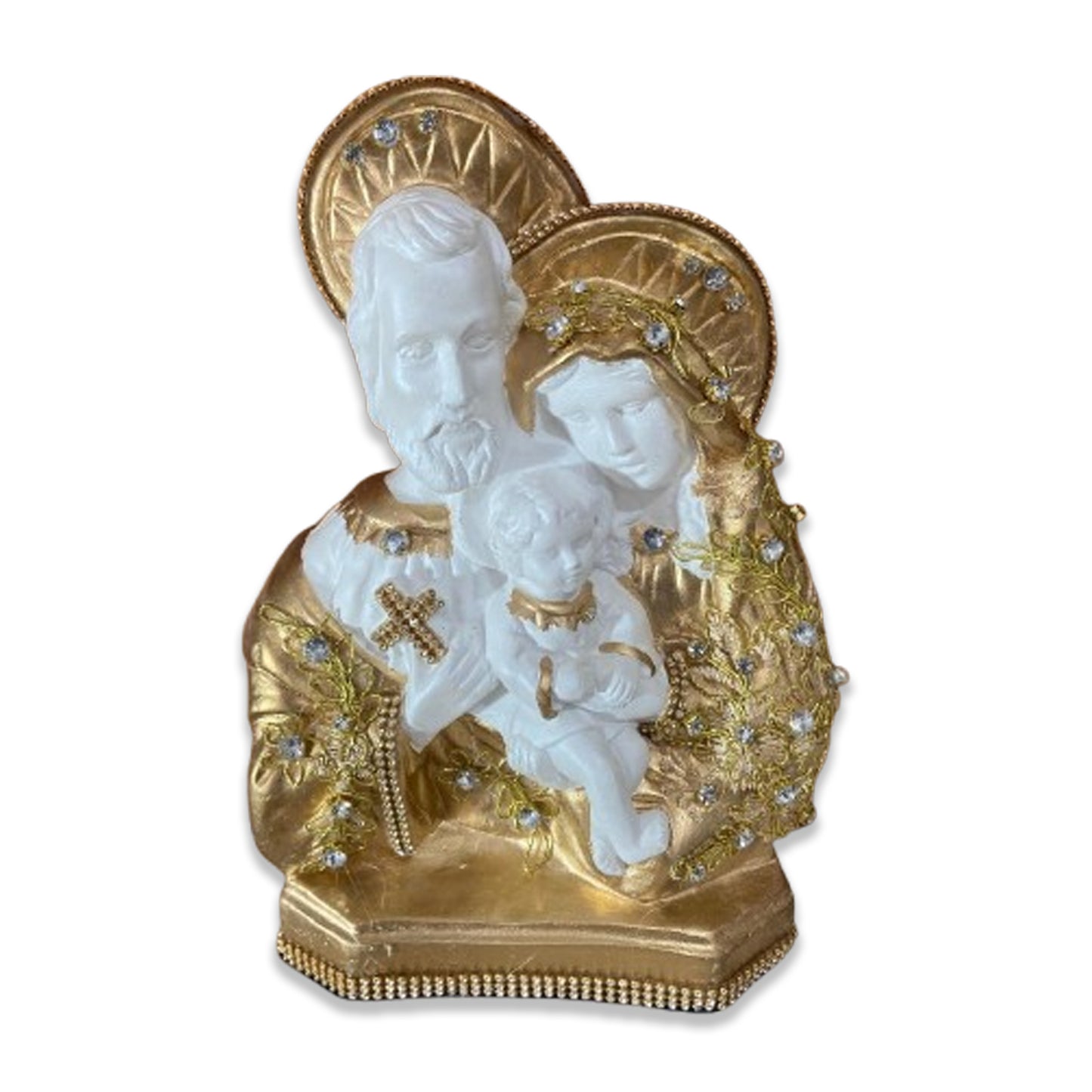 BUSTO DE GESSO SAGRADA FAMÍLIA BRANCO E DOURADO COM STRASS 29CM (1 UNIDADE)