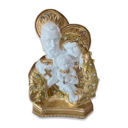 BUSTO DE GESSO SAGRADA FAMÍLIA BRANCO E DOURADO COM STRASS 29CM (1 UNIDADE)