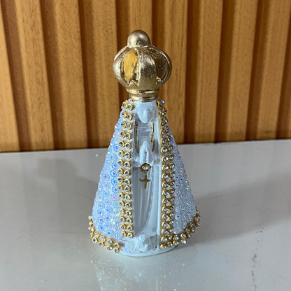 IMAGEM DE GESSO NOSSA SENHORA APARECIDA  BRANCA COM STRASS 10,5CM (1 UNIDADE)