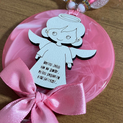 DEZENA CONTAS DE RESINA  MEDALHÃO ANJINHO ROSA 15MM (1 UNIDADE)