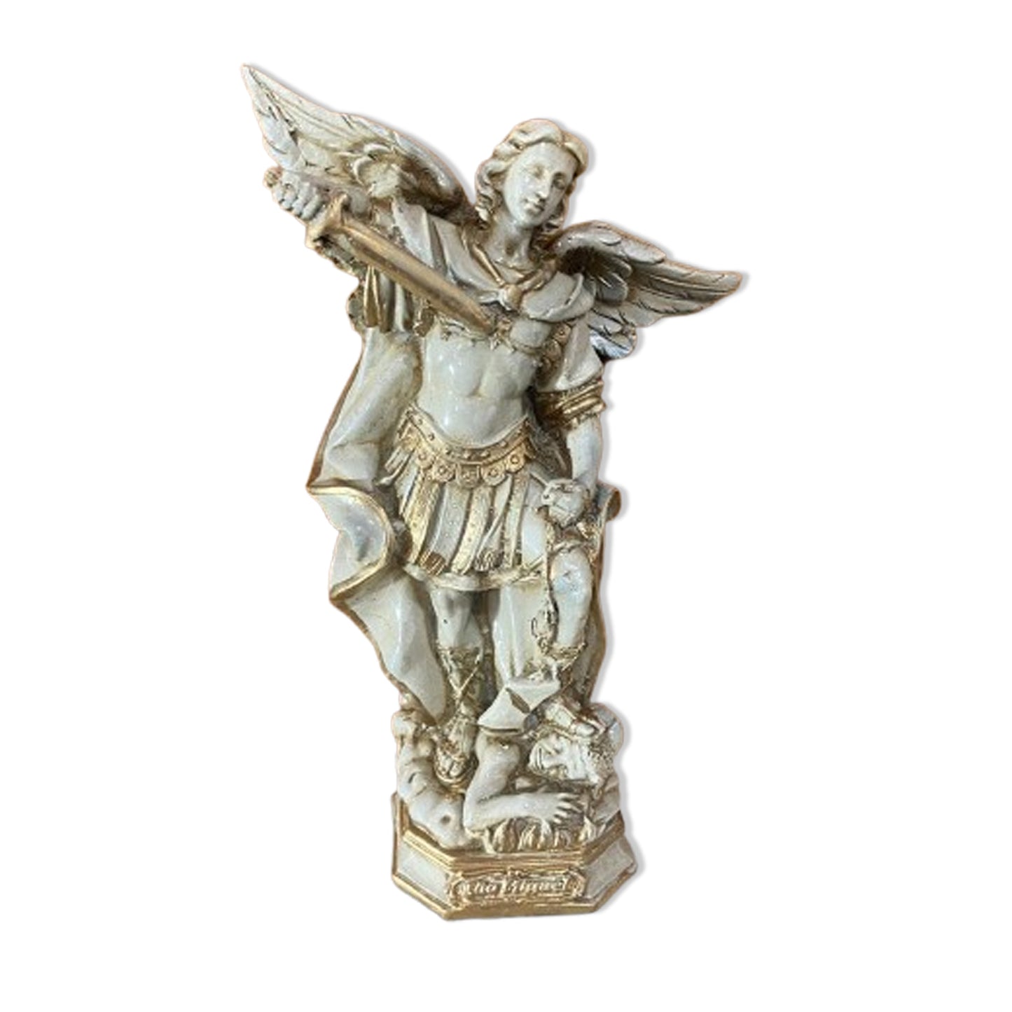 IMAGEM DE GESSO SÃO MIGUEL ARCANJO BEGE E DOURADO 30CM (1 UNIDADE)