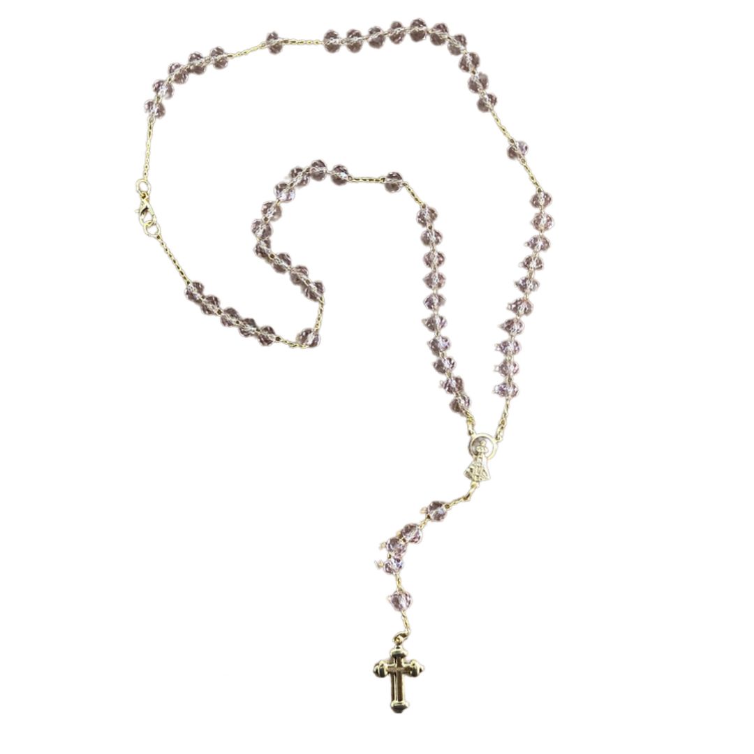 CORRENTE TERÇO CRISTAL NOSSA SENHORA APARECIDA ROSA TRANSPARENTE 04MM  (1 UNIDADE)