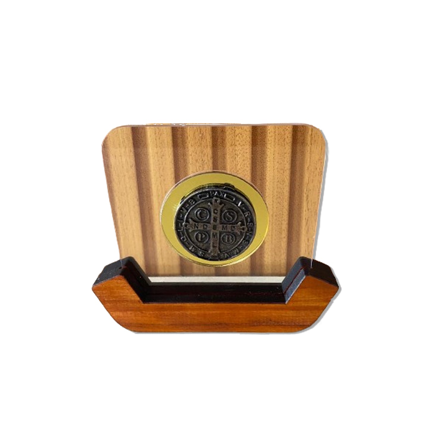 IMAGEM DE MESA METAL OURO VELHO MEDALHA SÃO BENTO NO ACRÍLICO E BASE DE MADEIRA 10,7CM (1 UNIDADE)