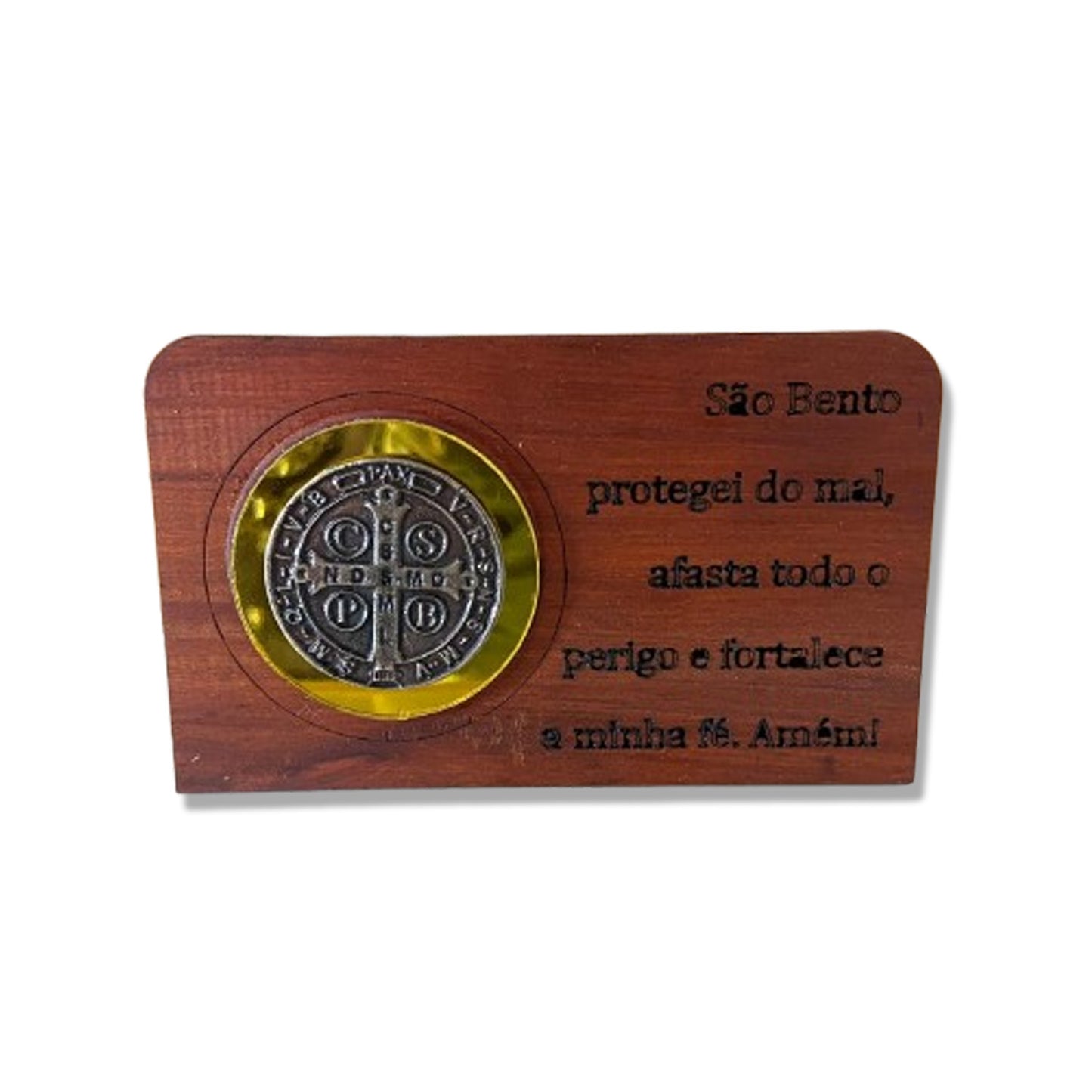 ADORNO DE MESA MADEIRA COM ORAÇÃO MEDALHA SÃO BENTO METAL OURO VELHO 7,7CM (1 UNIDADE)