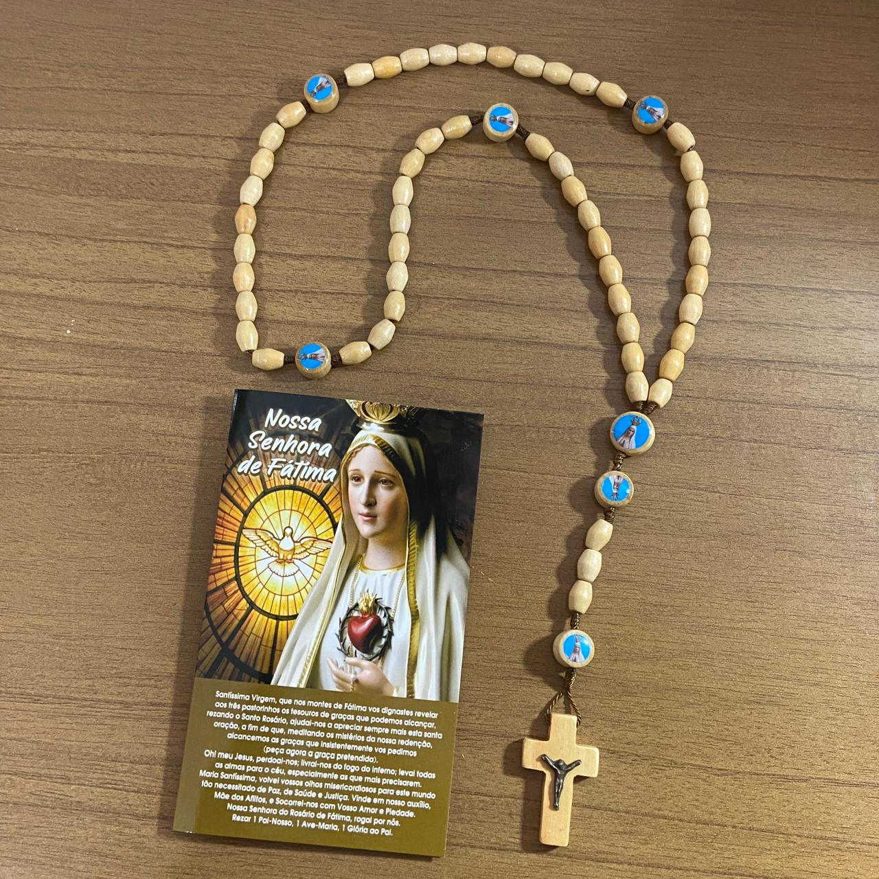 TERÇO DE MADEIRA NOSSA SENHORA DE FÁTIMA 7 MEDALHAS (3 UNIDADES)