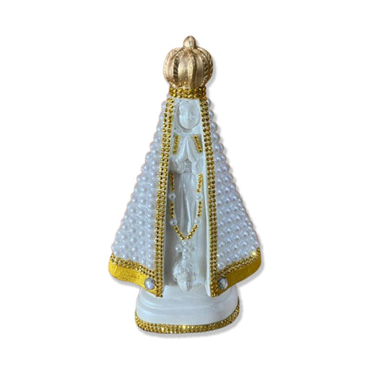 IMAGEM DE GESSO NOSSA SENHORA APARECIDA BRANCA PÉROLA BRANCA COM STRASS 26,5CM (1 UNIDADE)