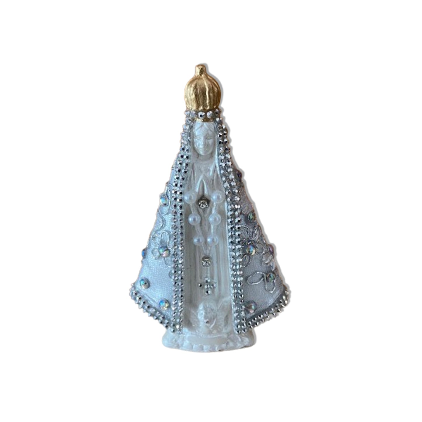 IMAGEM DE GESSO NOSSA SENHORA APARECIDA BRANCA DECOUPAGE PRATA 15CM (1 UNIDADE)