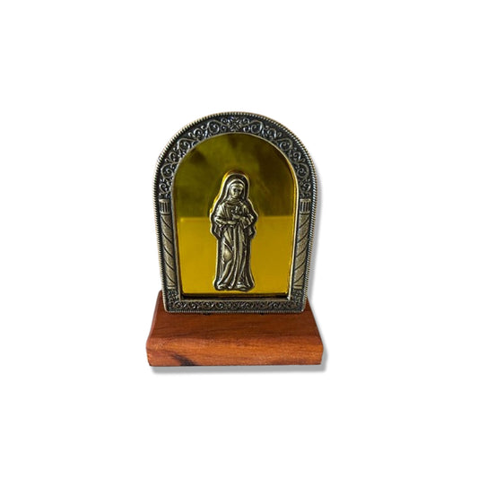 ADORNO DE MESA MADEIRA ESPELHADO SANTA RITA DE CÁSSIA METAL OURO VELHO 9,8CM (1 UNIDADE)