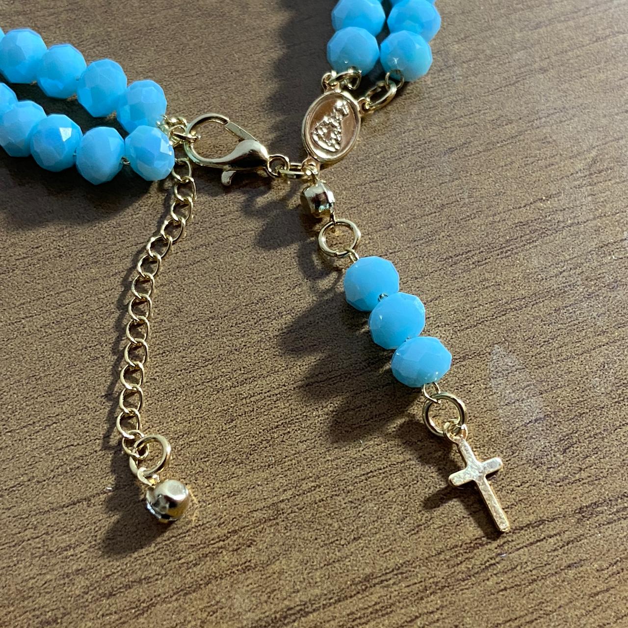 TERÇO PULSEIRA CRISTAL AZUL BEBÊ  (3 UNIDADES)