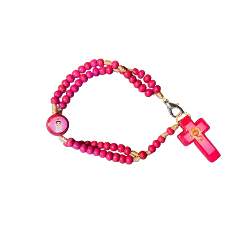 TERÇO PULSEIRA MADEIRA ROSA  INFANTIL SANTOS SORTIDOS  04MM ( 12UNIDADES )