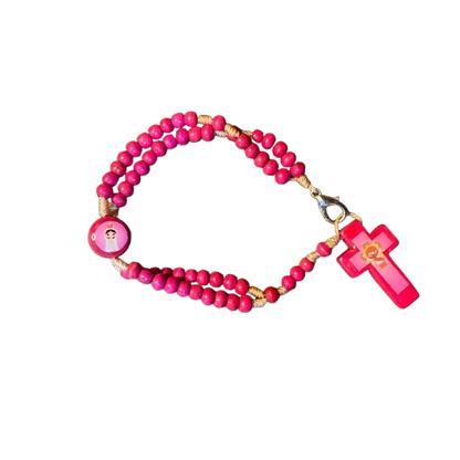 TERÇO PULSEIRA MADEIRA ROSA  INFANTIL SANTOS SORTIDOS  04MM ( 12UNIDADES )