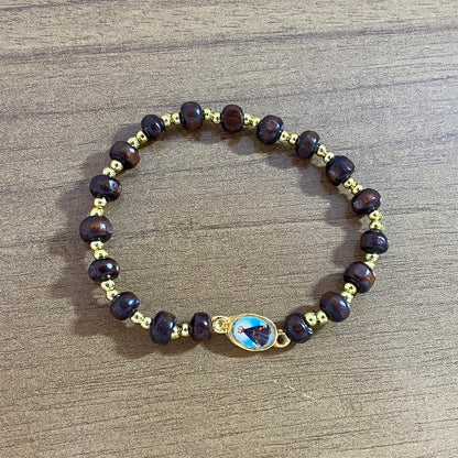 PULSEIRA DE MADEIRA COM MEDALHA NOSSA SENHORA APARECIDA (01 UNIDADE)