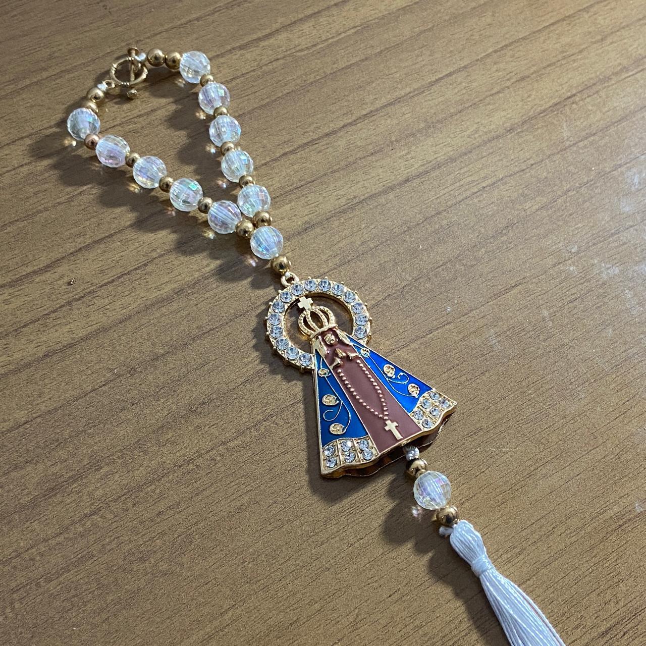 DEZENA PARA CARRO CRISTAL NOSSA SENHORA APARECIDA MARROM COM STRASS 12MM (3 UNIDADES)