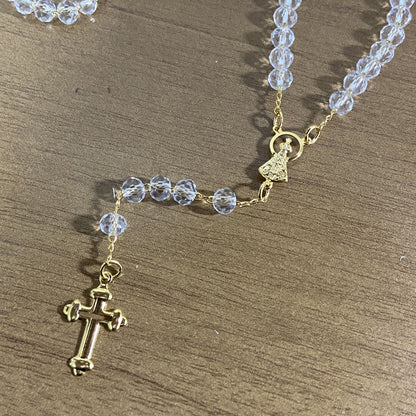 CORRENTE TERÇO CRISTAL NOSSA SENHORA APARECIDA TRANSPARENTE 04MM  (1 UNIDADE)
