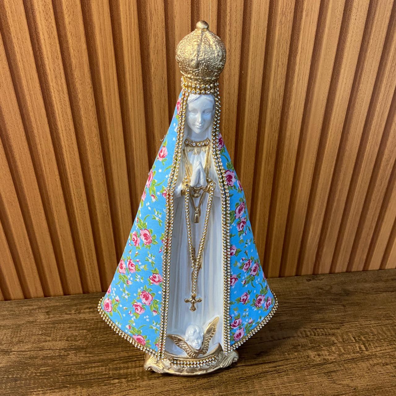 IMAGEM DE GESSO NOSSA SENHORA APARECIDA BRANCA MANTO TECIDO AZUL CLARO 34CM (1 UNIDADE)