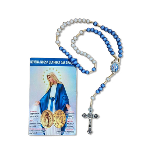 TERÇO ACRÍLICO AZUL E BRANCO COM FECHO NOSSA SENHORA DAS GRAÇAS 08MM (1 UNIDADE)
