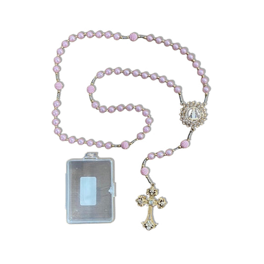 TERÇO DE NOIVA DOURADO PÉROLA ROSA NOSSA SENHORA APARECIDA 08MM MOD1 (1 UNIDADE)