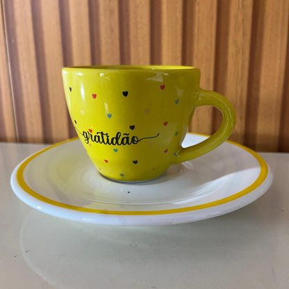 XÍCARA COM PIRES GRATIDÃO AMARELO (1 UNIDADE)