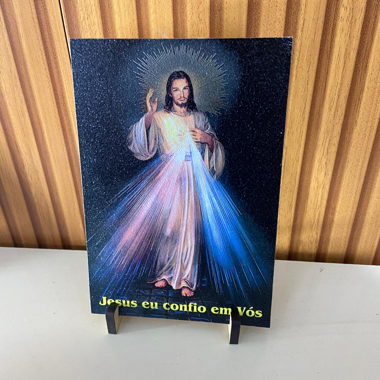PLAQUINHA DE MESA MDF RESINADO JESUS MISERICORDIOSO  19CM x 13CM  (1 UNIDADE)
