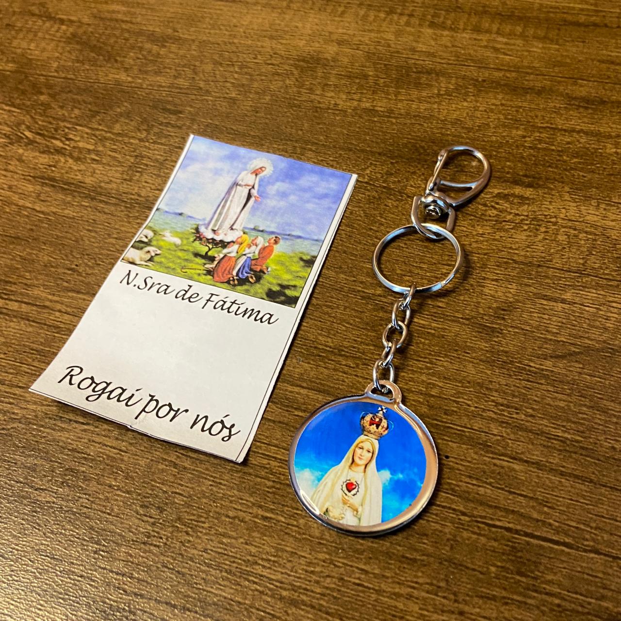 CHAVEIRO METAL DUPLA FACE COM MOSQUETE NOSSA SENHORA DE FÁTIMA (6 UNIDADES)