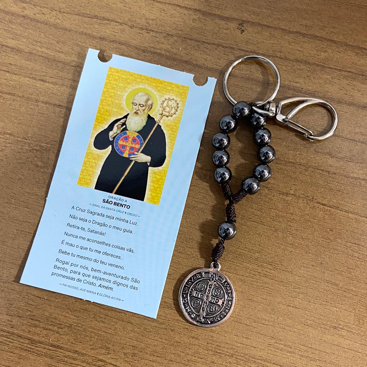 CHAVEIRO DEZENA HEMATITA COM MOSQUETE MEDALHA SÃO BENTO (3 UNIDADES)