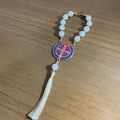 DEZENA PARA CARRO MEDALHA SÃO BENTO AMORA BRANCA 12MM (3 UNIDADES)