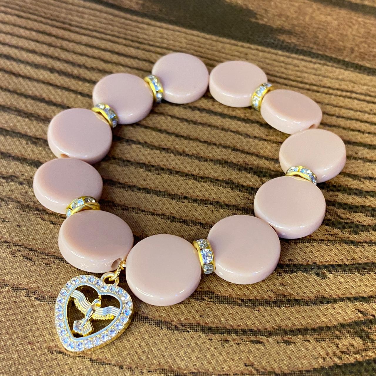 PULSEIRA ACRÍLICA ROSÉ COM MEDALHA DIVINO ESPÍRITO SANTO COM STRASS (03 UNIDADES)