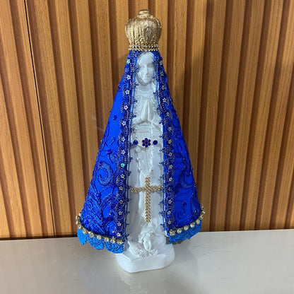 IMAGEM DE GESSO NOSSA SENHORA APARECIDA BRANCA MANTO AZUL COM STRASS MOD1 31CM (1 UNIDADE)