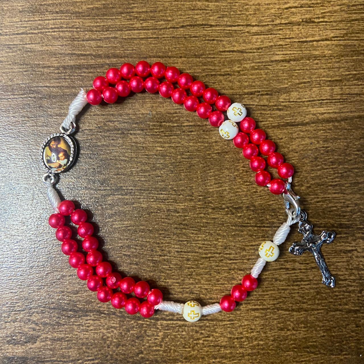 TERÇO PULSEIRA PÉROLA VERMELHA SÃO JOSÉ (6 UNIDADES)