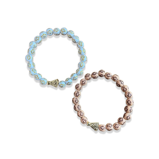 PULSEIRA PÉROLA CONTAS DECORADAS CRUZ  NOSSA SENHORA APARECIDA CORES SORTIDAS  (06 UNIDADES)