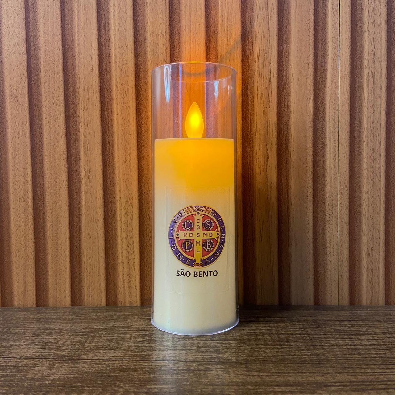 VELA ELETRÔNICA NO COPO DE ACRÍLICO MEDALHA SÃO BENTO 15CM (1 UNIDADE)