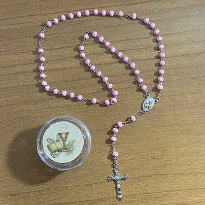 TERÇO DE MADEIRA ROSA EUCARISTIA 06MM (6 UNIDADES)