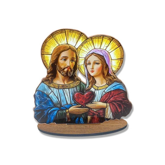 ADORNO DE MESA ACRÍLICO RESINADO SAGRADO CORAÇÃO DE JESUS E IMACULADO CORAÇÃO DE MARIA 14CM (1 UNIDADE)