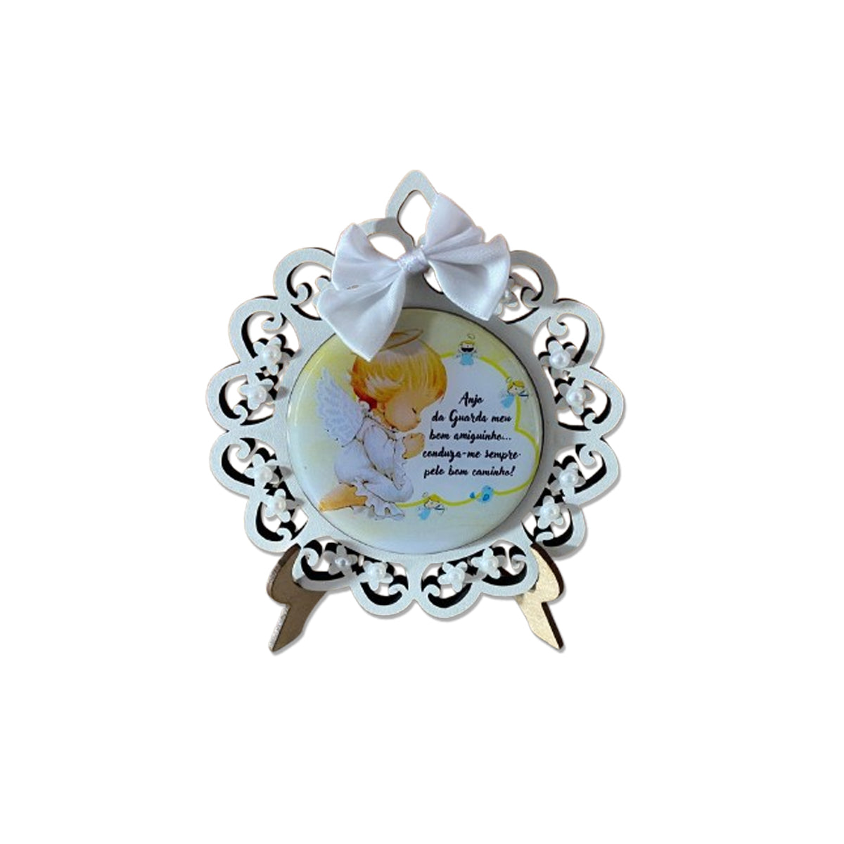MEDALHÃO DE BERÇO ANJINHO BRANCO COM ORAÇÃO (1 UNIDADE)