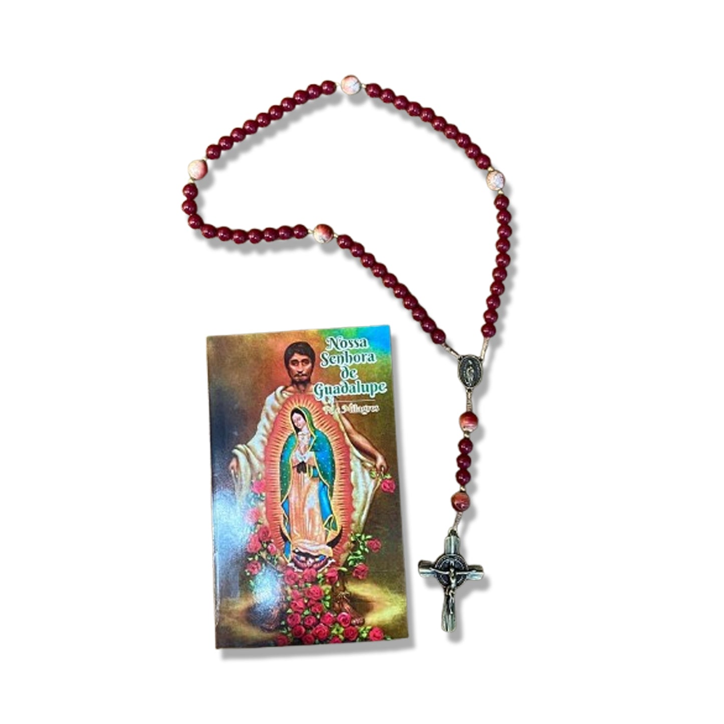 TERÇO PÉROLA VINHO NOSSA SENHORA DE GUADALUPE E JESUS MISERICORDIOSO 08MM (1 UNIDADE)