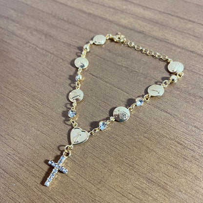 PULSEIRA DOURADA MEDALHAS DECORADAS NOSSA SENHORA APARECIDA COM STRASS  (3 UNIDADES)