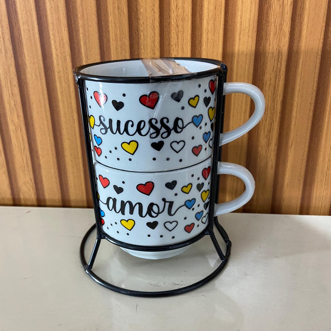XÍCARA BRANCA EMPILHÁVEL SUCESSO E AMOR ( 2 UNIDADES)