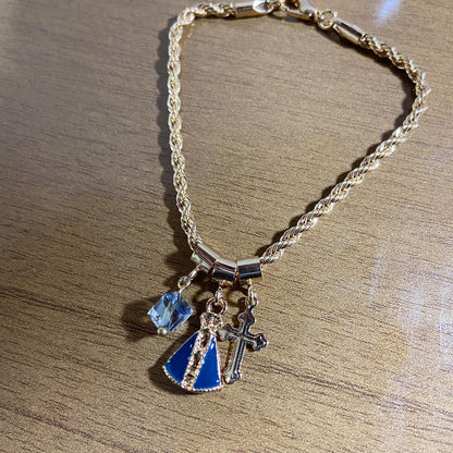 PULSEIRA DOURADA NOSSA SENHORA APARECIDA COM CRUZ E CRISTAL (6 UNIDADES)