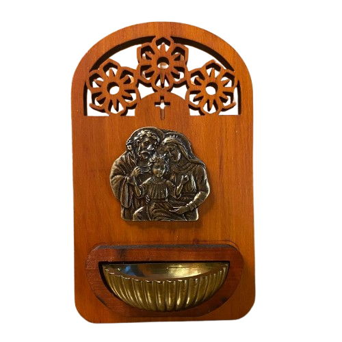 PORTA ÁGUA BENTA DE MADEIRA SAGRADA FAMÍLIA 16CM (1 UNIDADE)