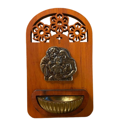 PORTA ÁGUA BENTA DE MADEIRA SAGRADA FAMÍLIA 16CM (1 UNIDADE)