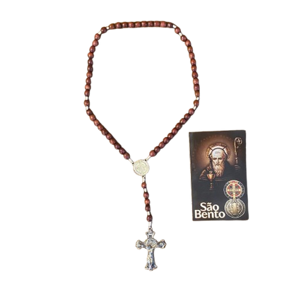 TERÇO DE MADEIRA MEDALHA SÃO BENTO PRATEADA 10MM (1 UNIDADE)