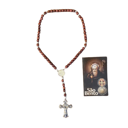 TERÇO DE MADEIRA MEDALHA SÃO BENTO PRATEADA 10MM (1 UNIDADE)