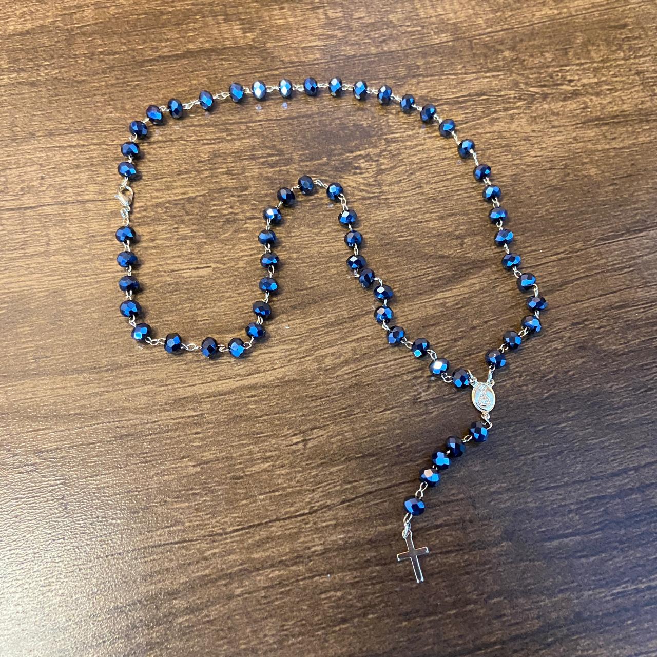 TERÇO CRISTAL NOSSA SENHORA APARECIDA AZUL PETRÓLEO 06MM  (3 UNIDADES)