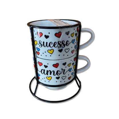 XÍCARA BRANCA EMPILHÁVEL SUCESSO E AMOR ( 2 UNIDADES)