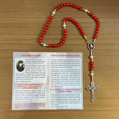 TERÇO ACRÍLICO VERMELHO COM FECHO DA MISERICÓRDIA 08MM (1 UNIDADE)