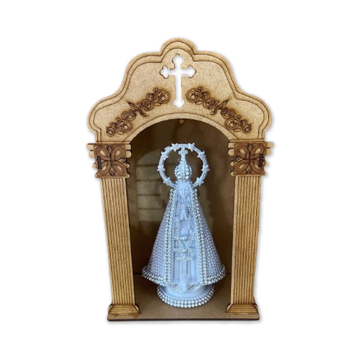 ORATÓRIO DE PAREDE E MESA MDF + IMAGEM DE PLÁSTICO NOSSA SENHORA APARECIDA PRATEADA COM STRASS 15CM (1 UNIDADE)