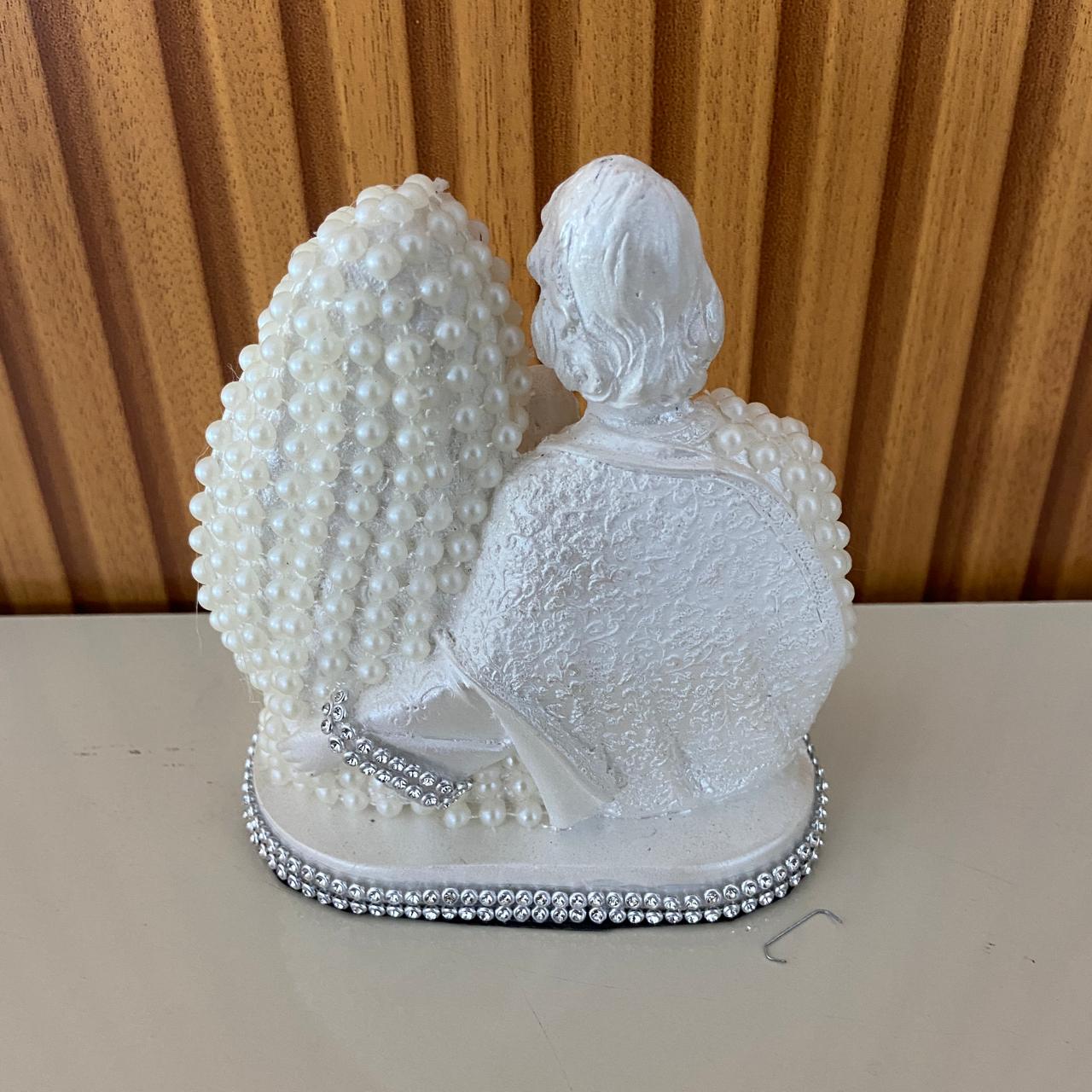 BUSTO DE GESSO SAGRADA FAMÍLIA BRANCO COM PÉROLA E STRASS PRATA 13CM (1 UNIDADE)