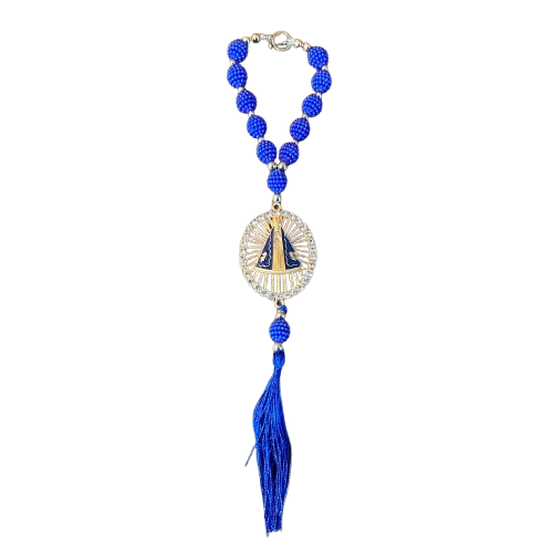 DEZENA PARA CARRO NOSSA SENHORA APARECIDA COM AUREOLA AMORA AZUL 12MM (3 UNIDADES)